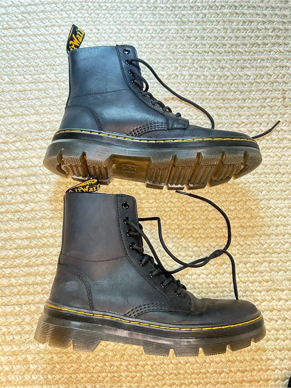 Dr. Martens Black Leather Lace-Up Boots with Yellow Stitching